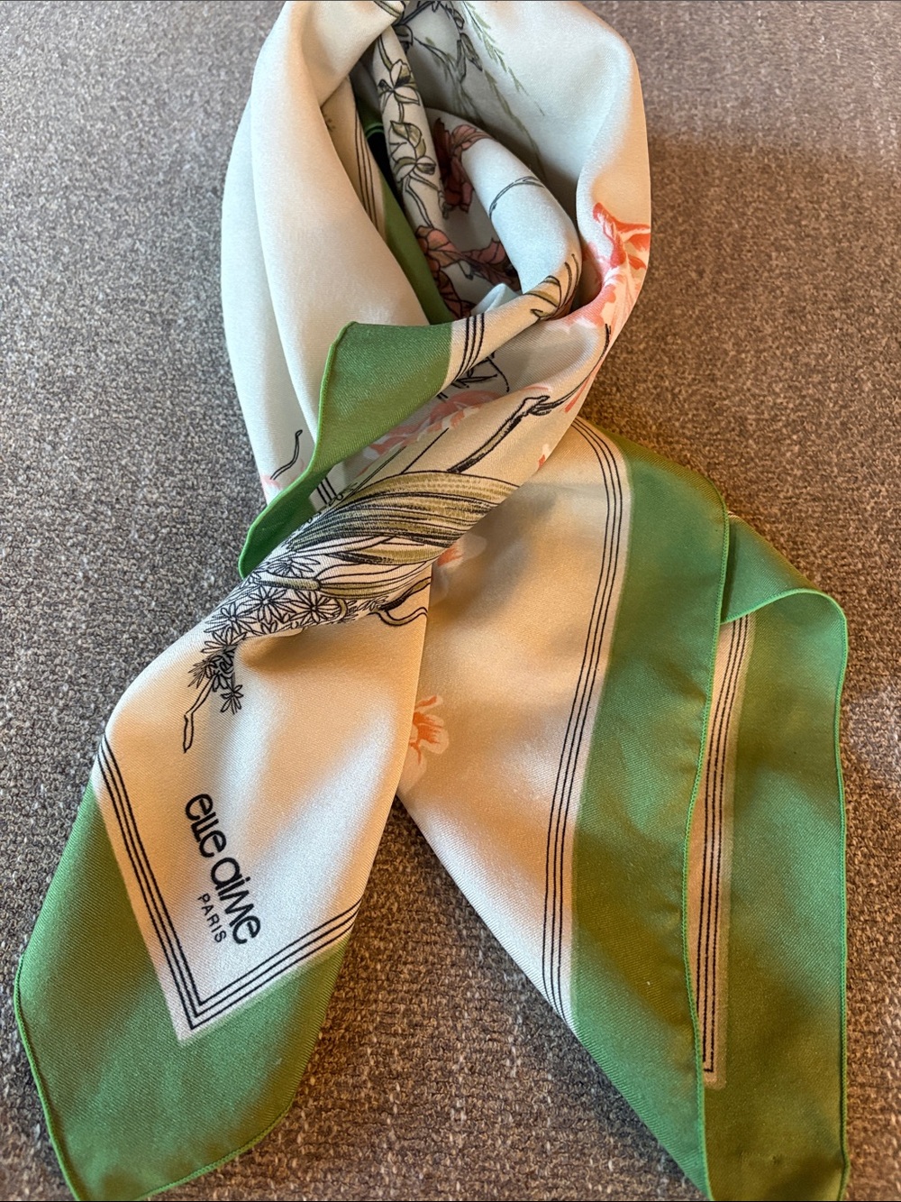 ELLE AIME Paris Vintage Gorgeous Green-Trim Floral Silk ? Scarf